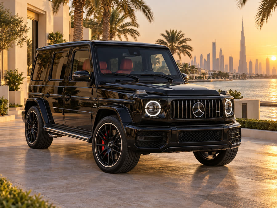 Black Mercedes-AMG G 63 at sunset in Dubai