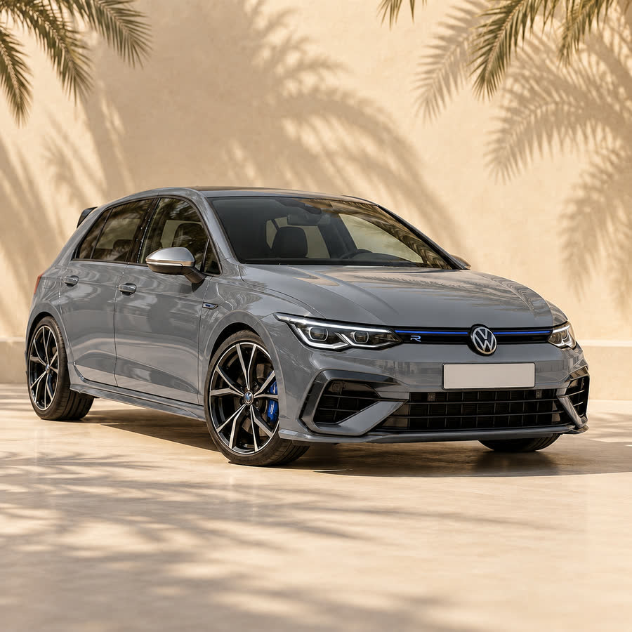 Grey Volkswagen Golf R with palm shadows