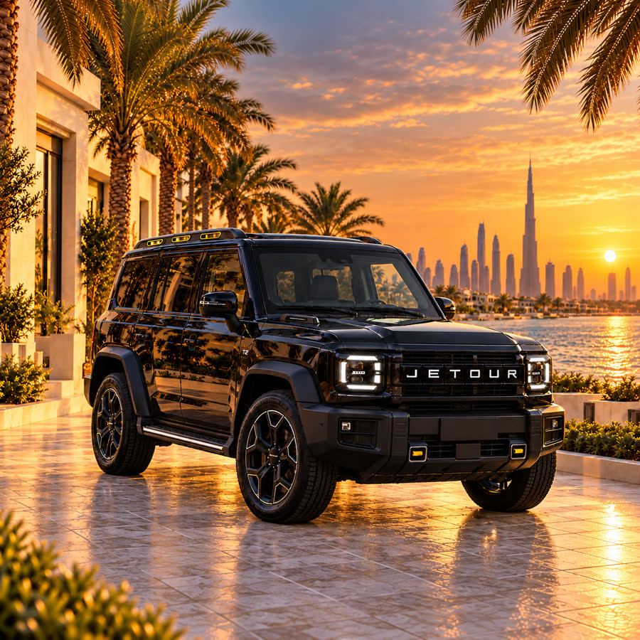 Black Jetour T2 at sunset in front of the Dubai skyline