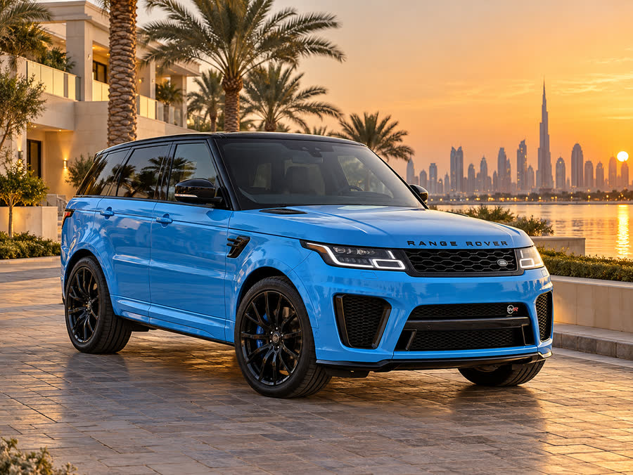 Blue Range Rover Sport SVR at sunset in Dubai