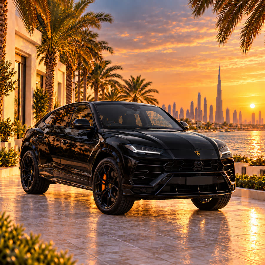 Black Lamborghini Urus at sunset in front of the Dubai skyline